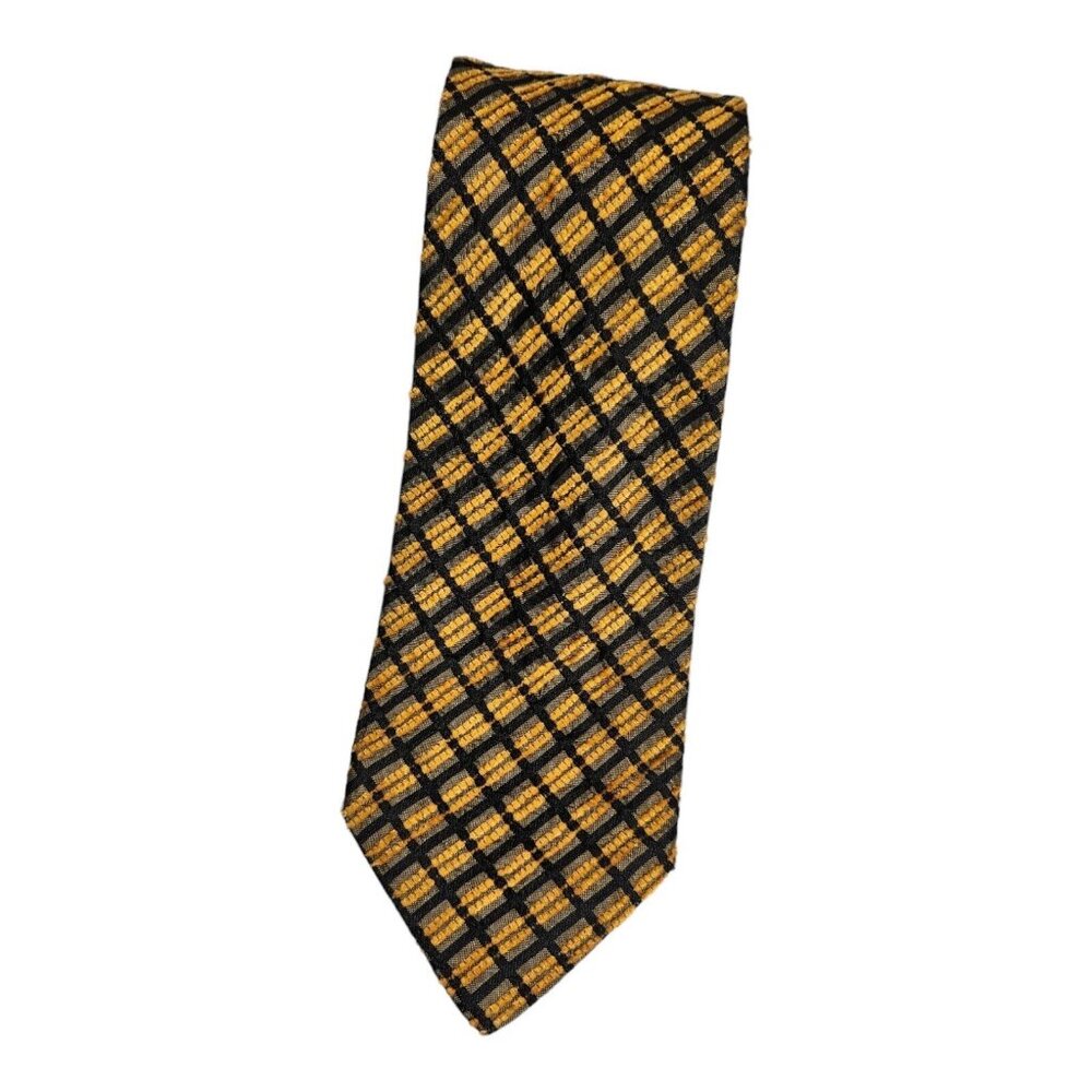 ERMENEGILDO ZEGNA Men's 100% Silk Necktie LUXURY Black Gold Geometric W:3.6" EUC